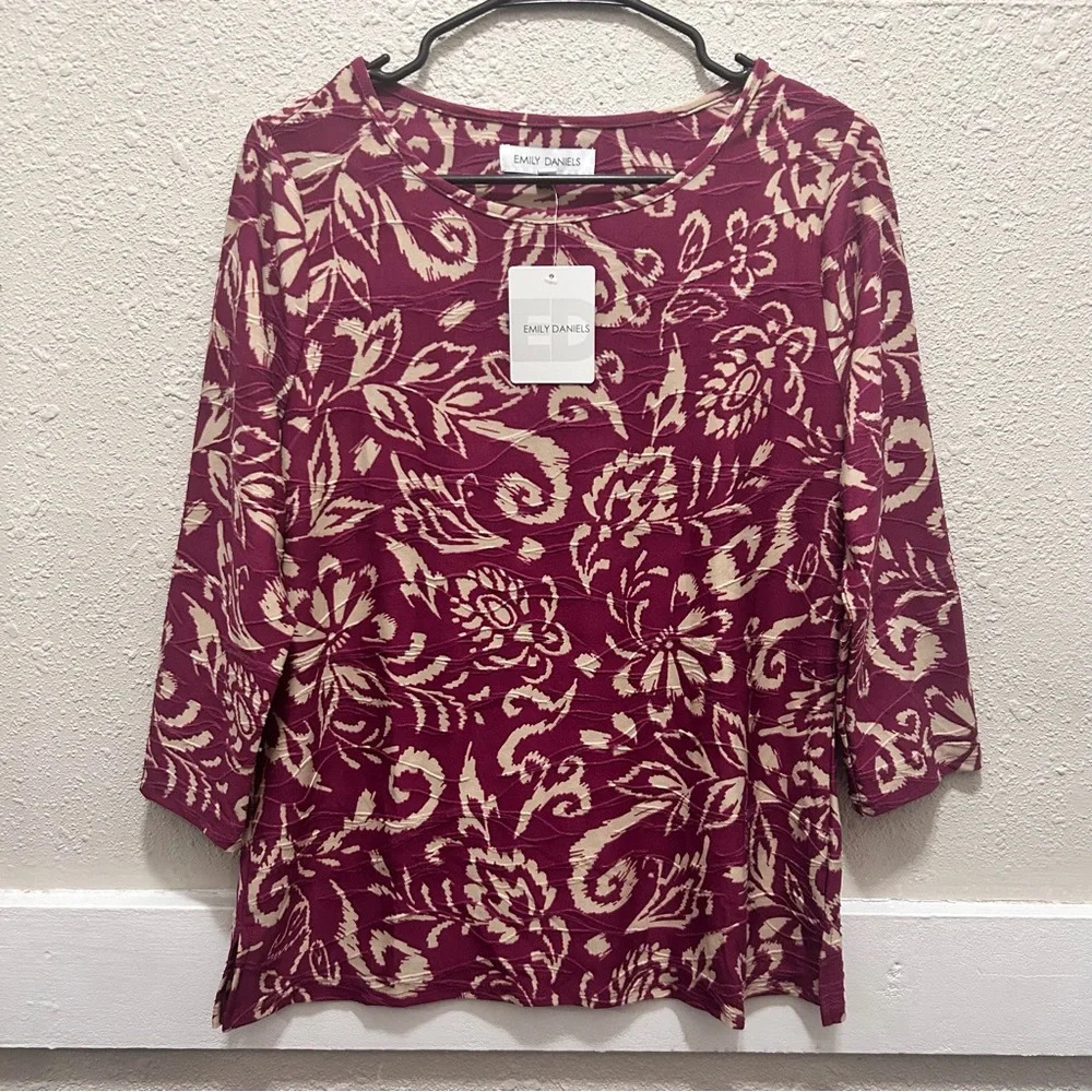Emily Daniels Magenta and Beige 3/4 Sleeve Top NWT Small